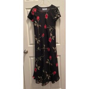 Vintage Jessica Howard Petite Black Dress Long Stem Red Roses Size Small Medium